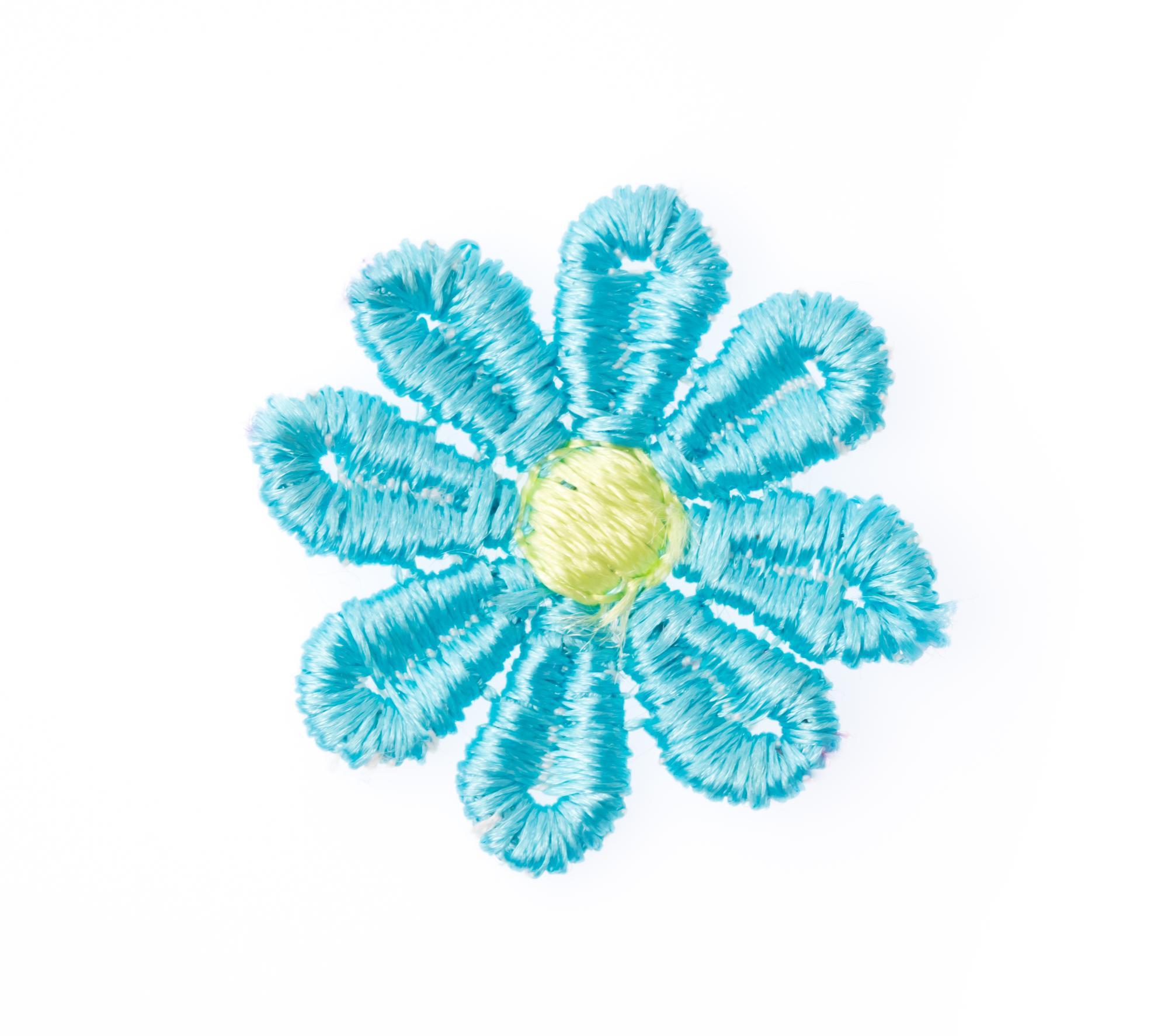 Close detail of floral embroidery in soft tones